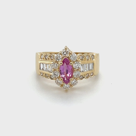 14K Yellow Gold Diamond & Pink Sapphire Lady's Ring; Size 7