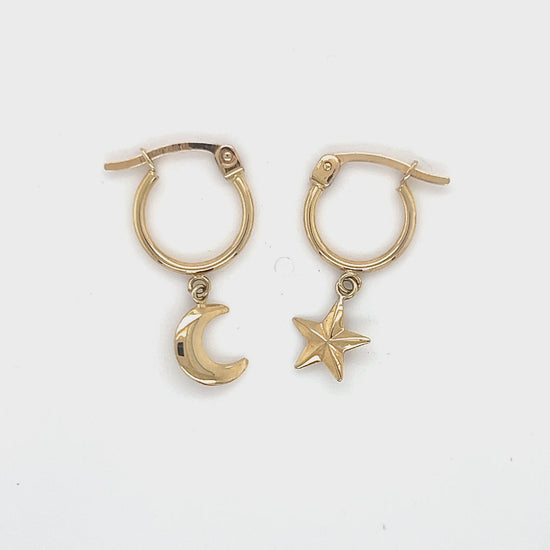 10K Yellow Gold Moon & Star Hoop Earrings Video