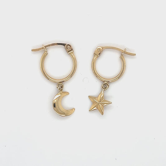 10K Yellow Gold Moon & Star Hoop Earrings Video