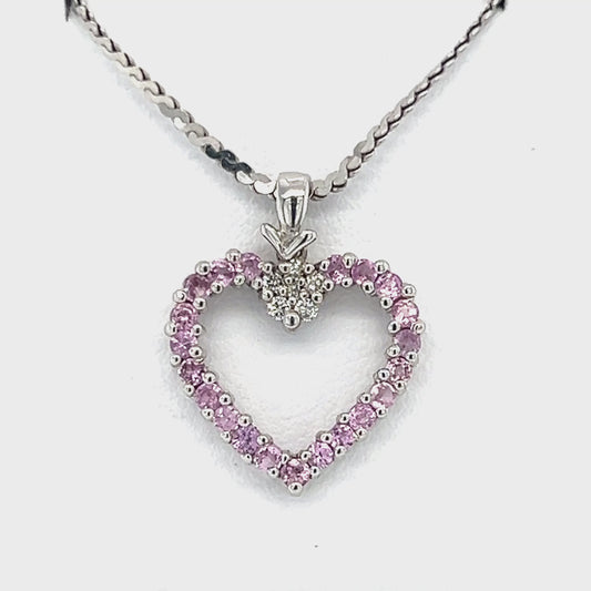 14K White Gold Diamond & Pink Sapphire Heart Pendant on 16" Chain Necklace