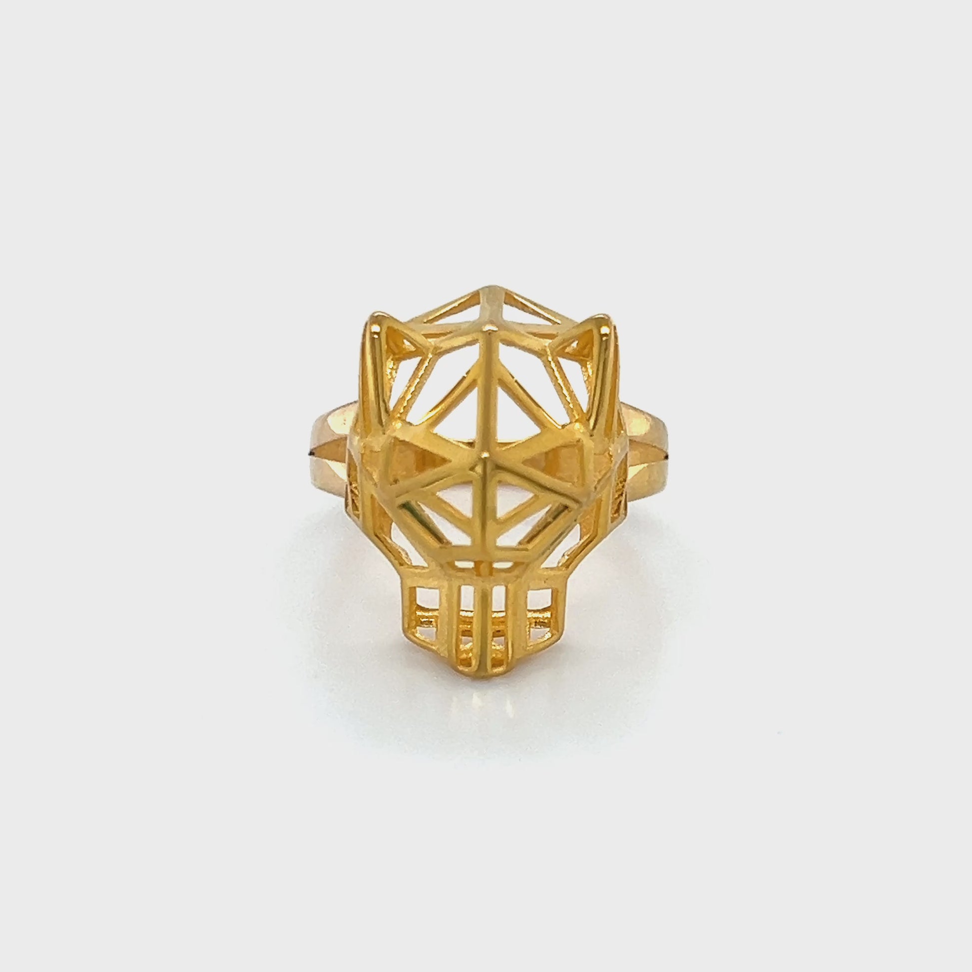 21K Yellow Gold Geometric Tiger Head Ring; Size 9 Video