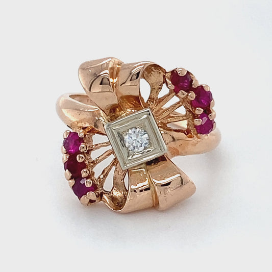 14K Rose Gold Ruby & Diamond Ring; 0.05CTW; Size 5