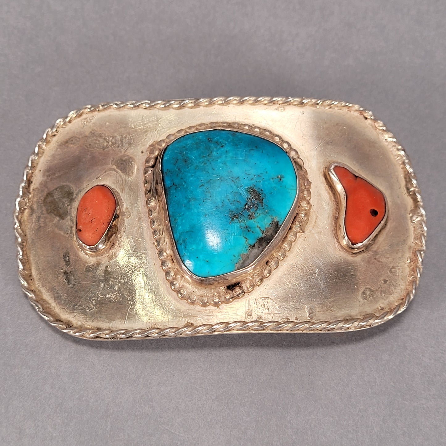 Sterling Silver Belt Buckle With Orange and Blue Stones