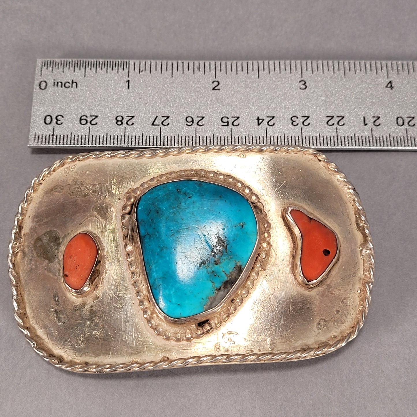 Sterling Silver Belt Buckle With Orange and Blue Stones