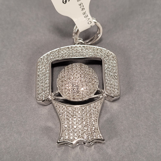 Rhodium Over Sterling Silver Basketball Hoop Pendant With CZ Stones