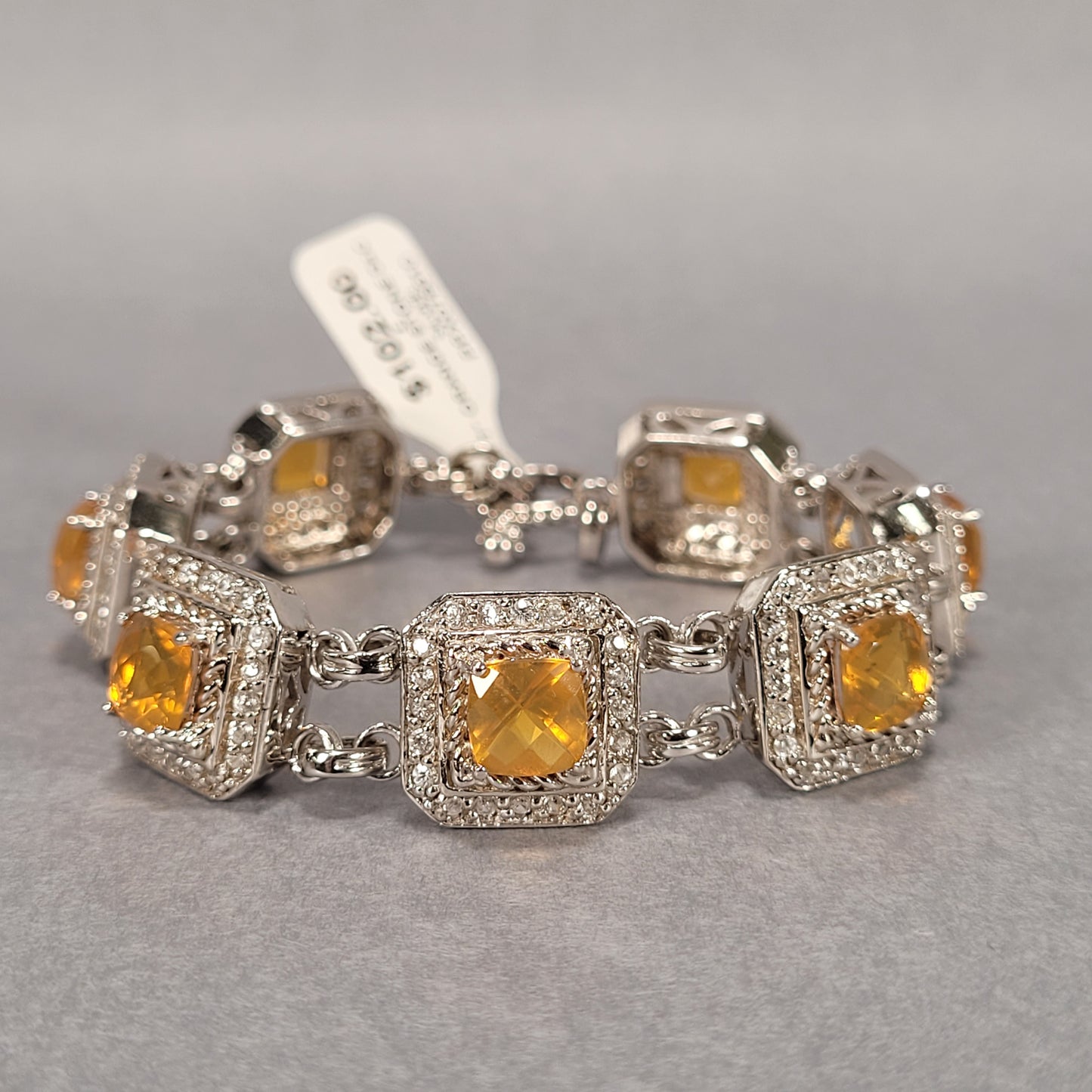 7" Sterling Silver Bracelet With Orange and Clear Stones 34g