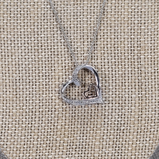 18" Sterling Silver Necklace and Heart Charm with Gold Plating and Small Diamonds