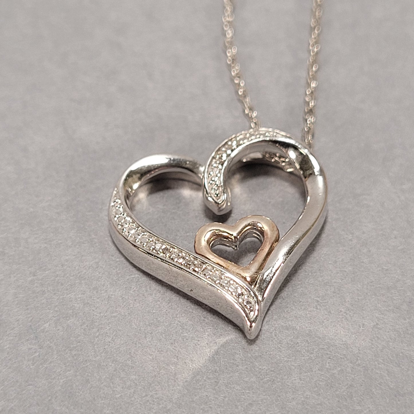 18" Sterling Silver Necklace and Heart Charm with Gold Plating and Small Diamonds