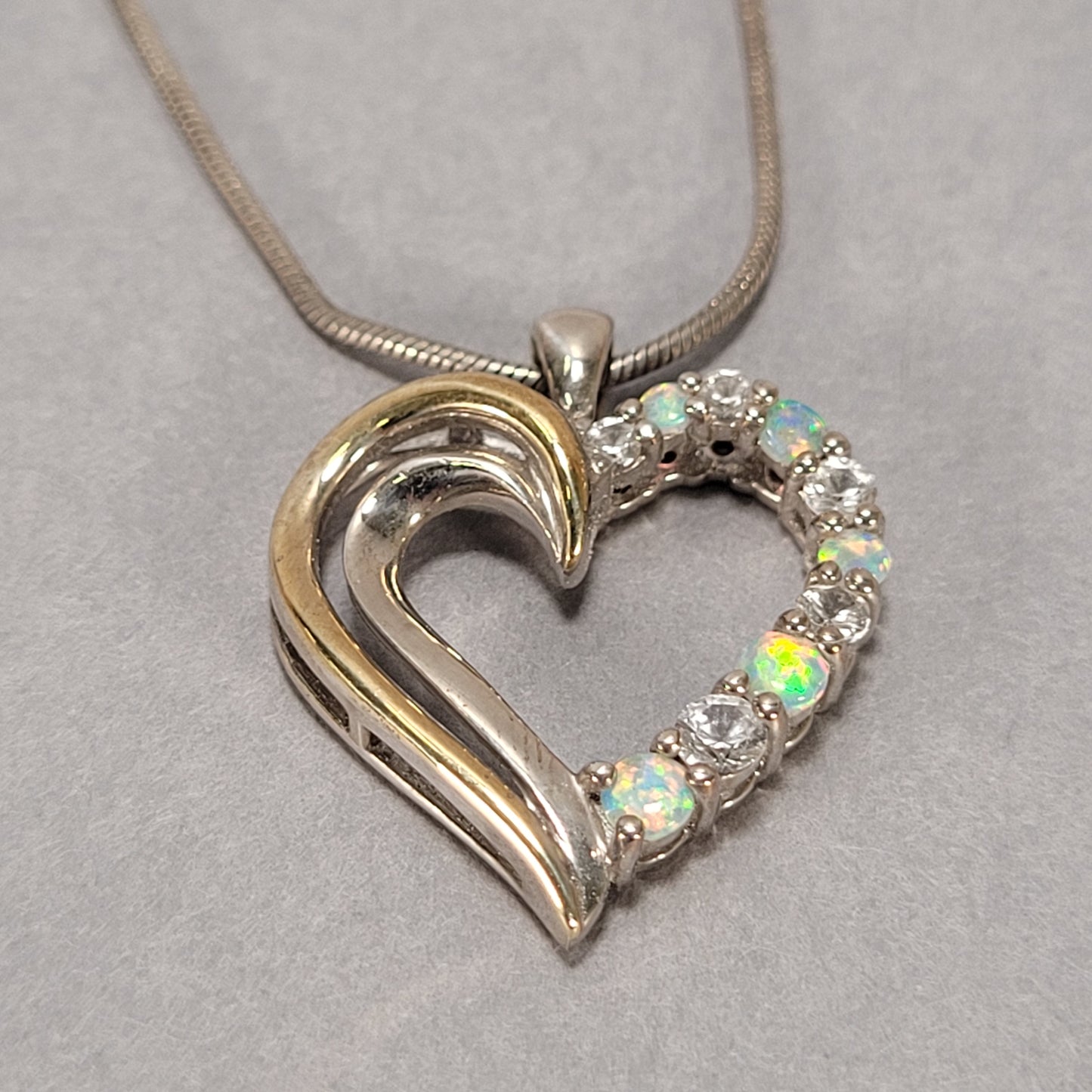 16" Sterling Silver Necklace and Heart Charm with Opal and Clear Stones 6.8g