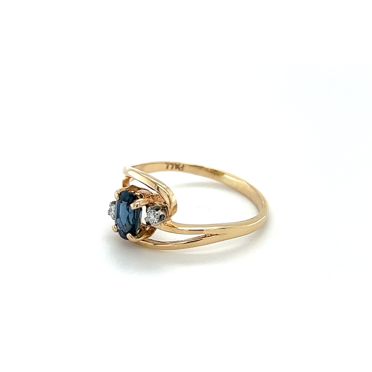 Lady's 14k Yellow Gold Blue Topaz Stone & Diamond Ring 2 Diamonds .05ctw 1.9g